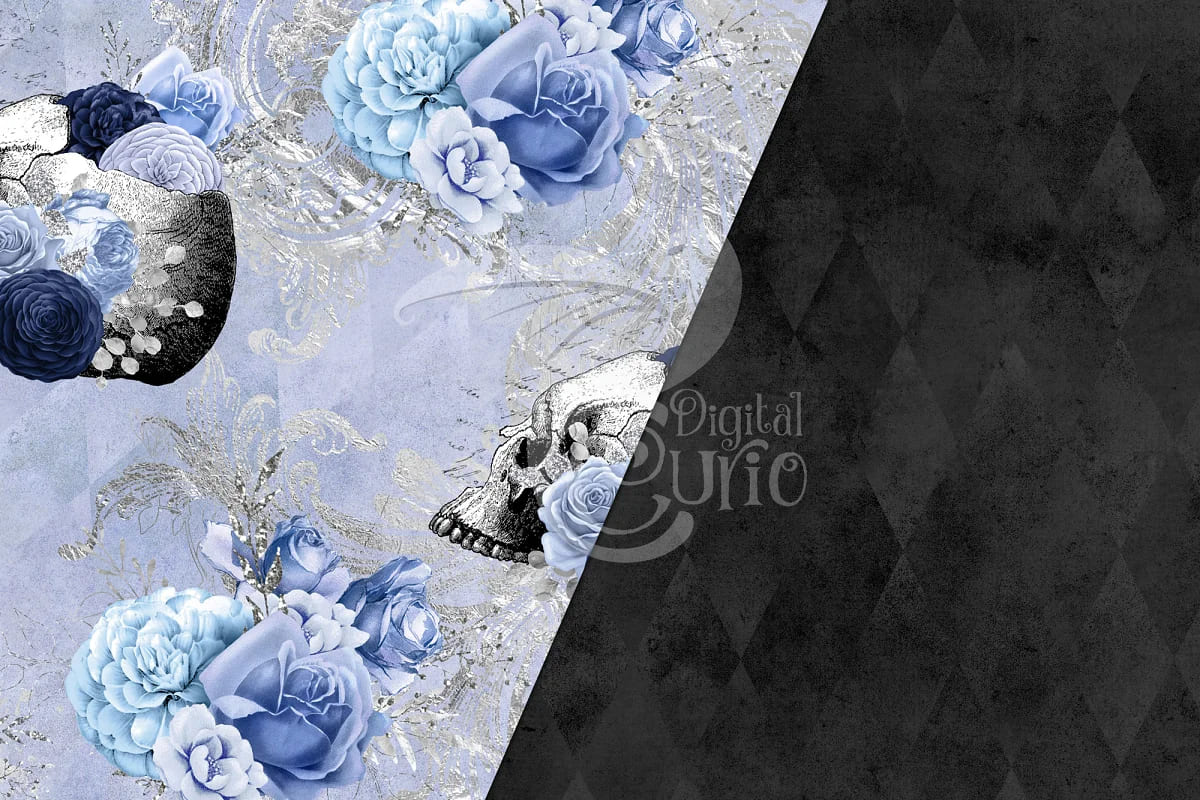 blue floral skulls digital paper ideal for large print.