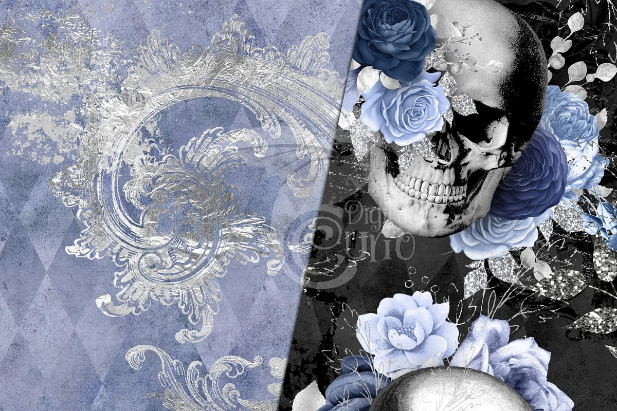 blue floral skulls digital paper good for paper and fabrics.