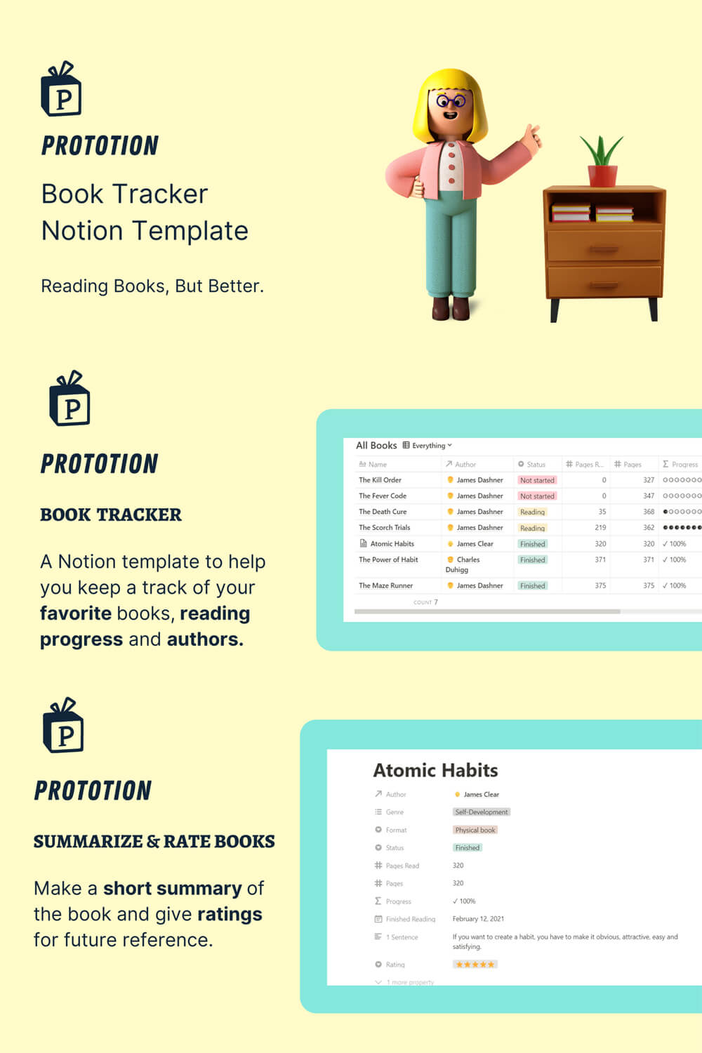 Book Tracker notion template: summarize and rate books.