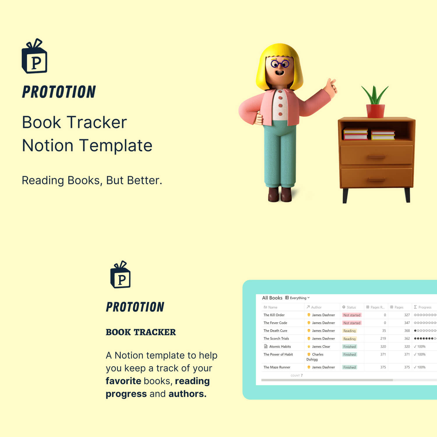 A notion template to help uou keep a track of your favorite books, reading progress and authors.