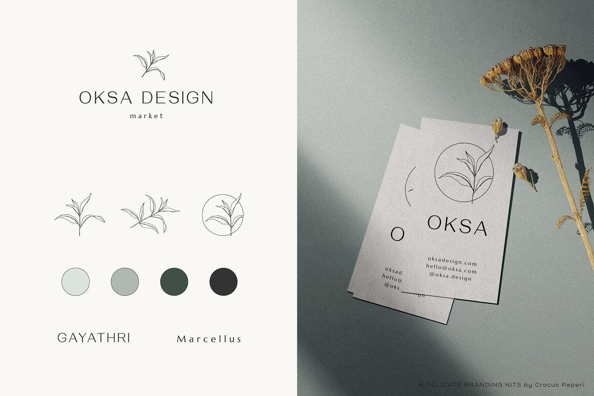Business cards of Oksa design market in different colors.