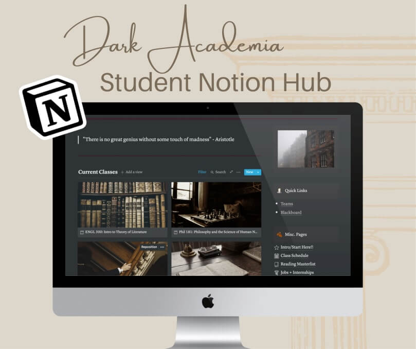 Dark Academia Student Notion Hub.
