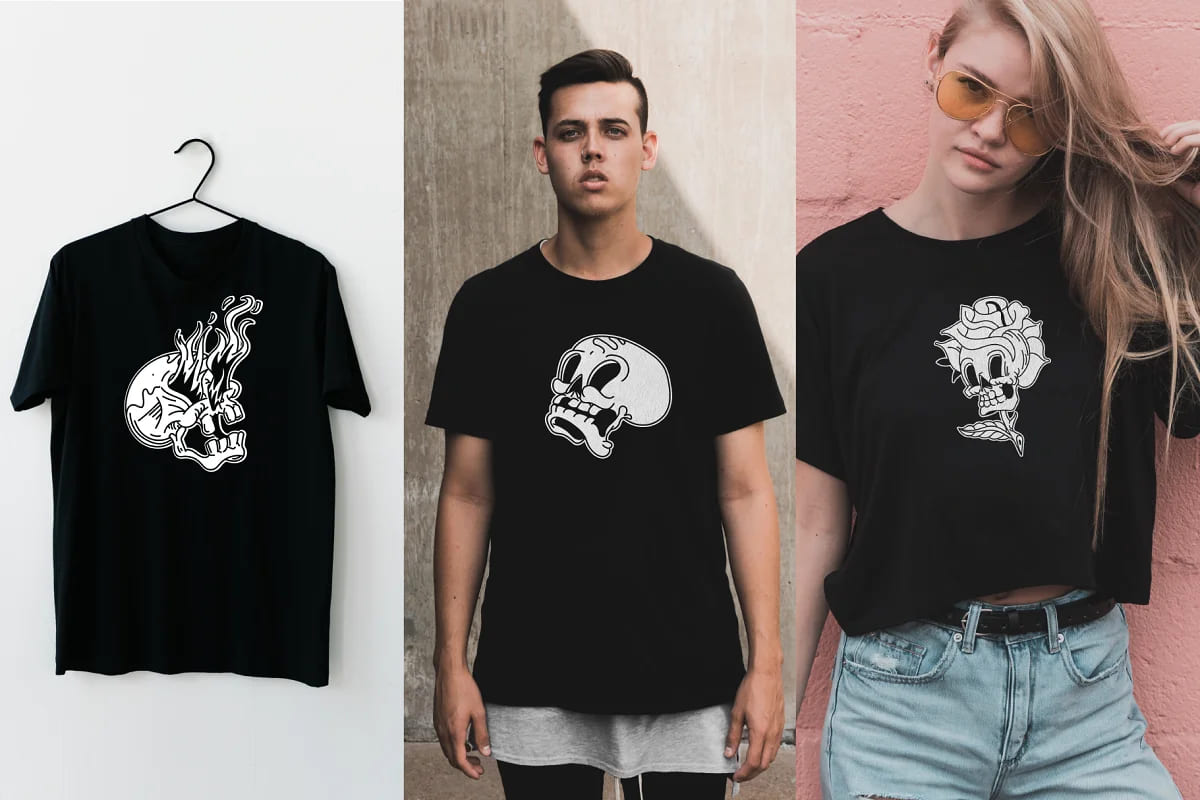 cartoon skulls t-shirt design mockup.