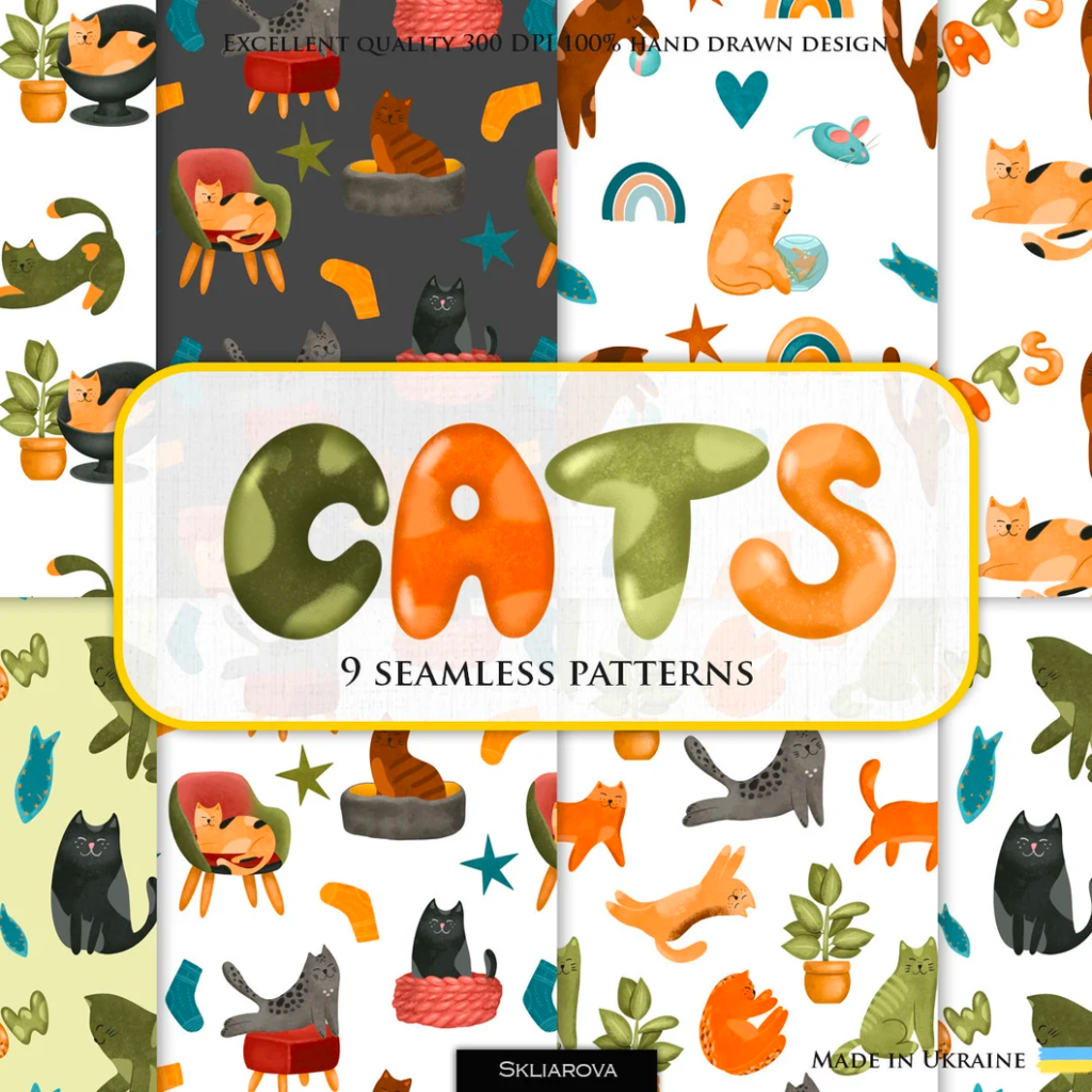 Cats Digital Papers Funny Cats Seamless Patterns MasterBundles