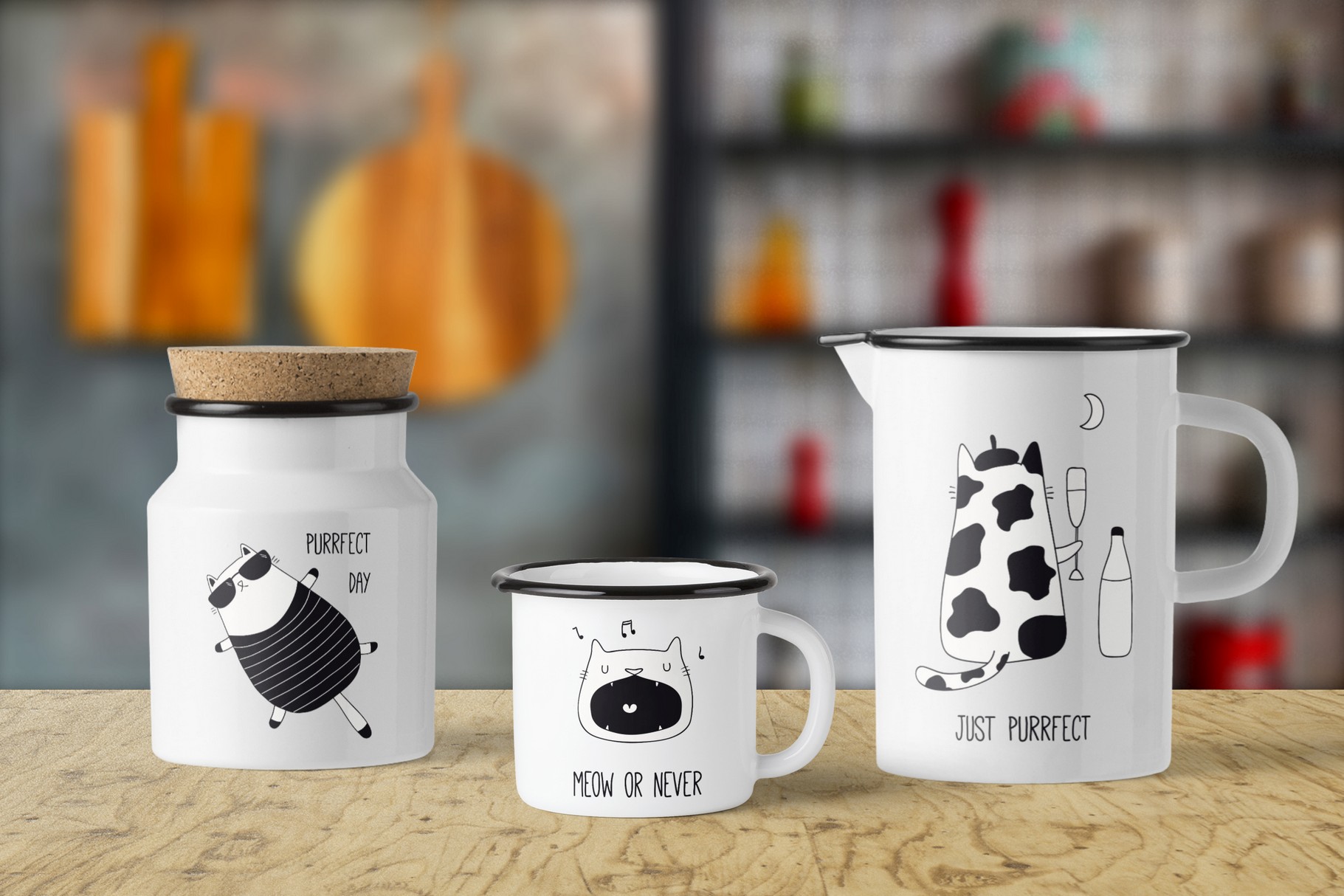 Prints of cats on cups and mugs.