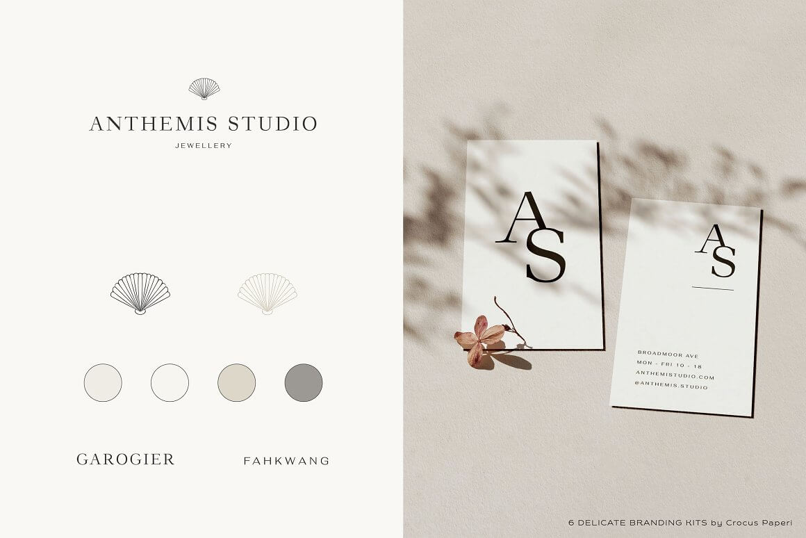 Two types of Anthemis studio jewellery business cards: garogier and fankwang.