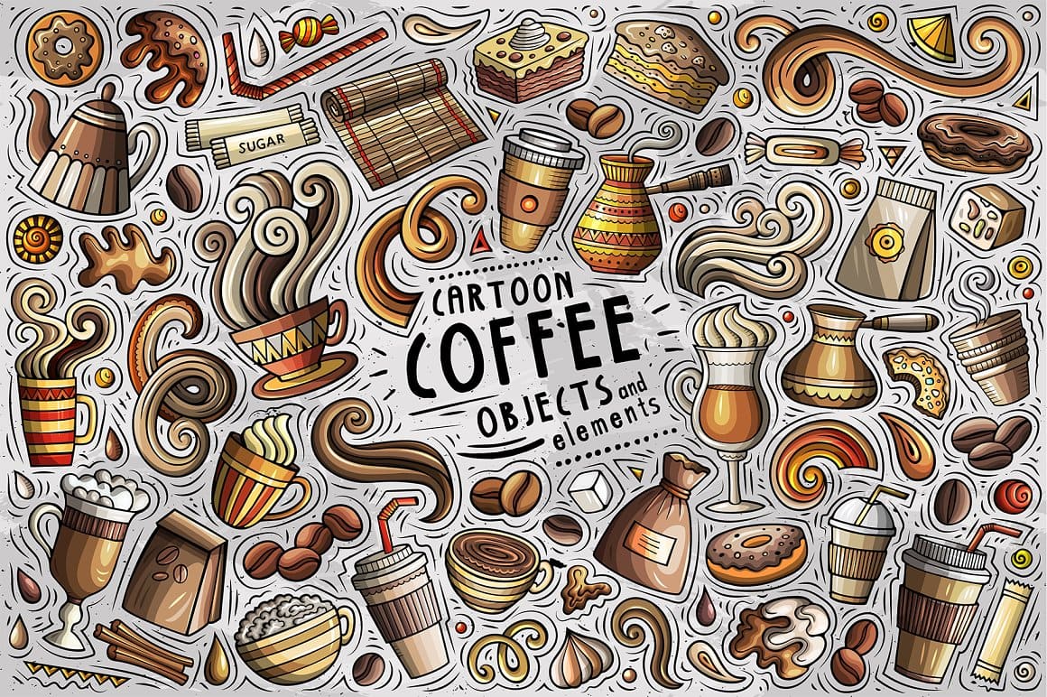 Coffee Cartoon Vector Objects Set Preview 1.