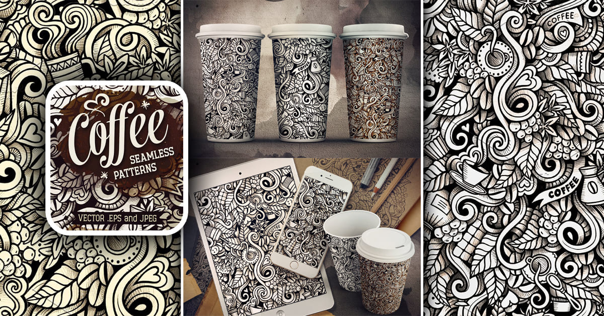 Coffee brewing methods. Seamless pattern with doodle coffee stuff