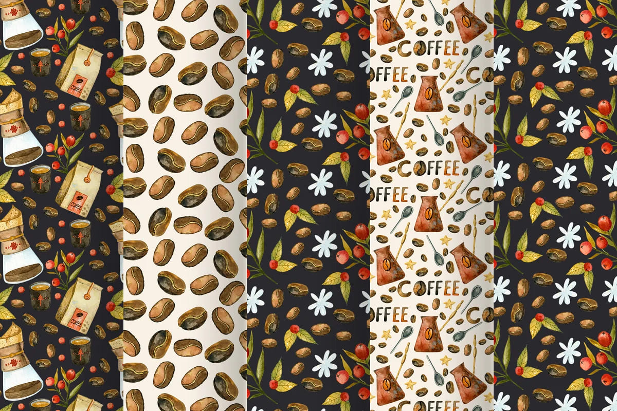 coffee illustrations watercolor seamless patterns.