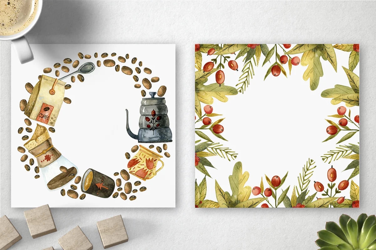 coffee illustrations watercolor frames.