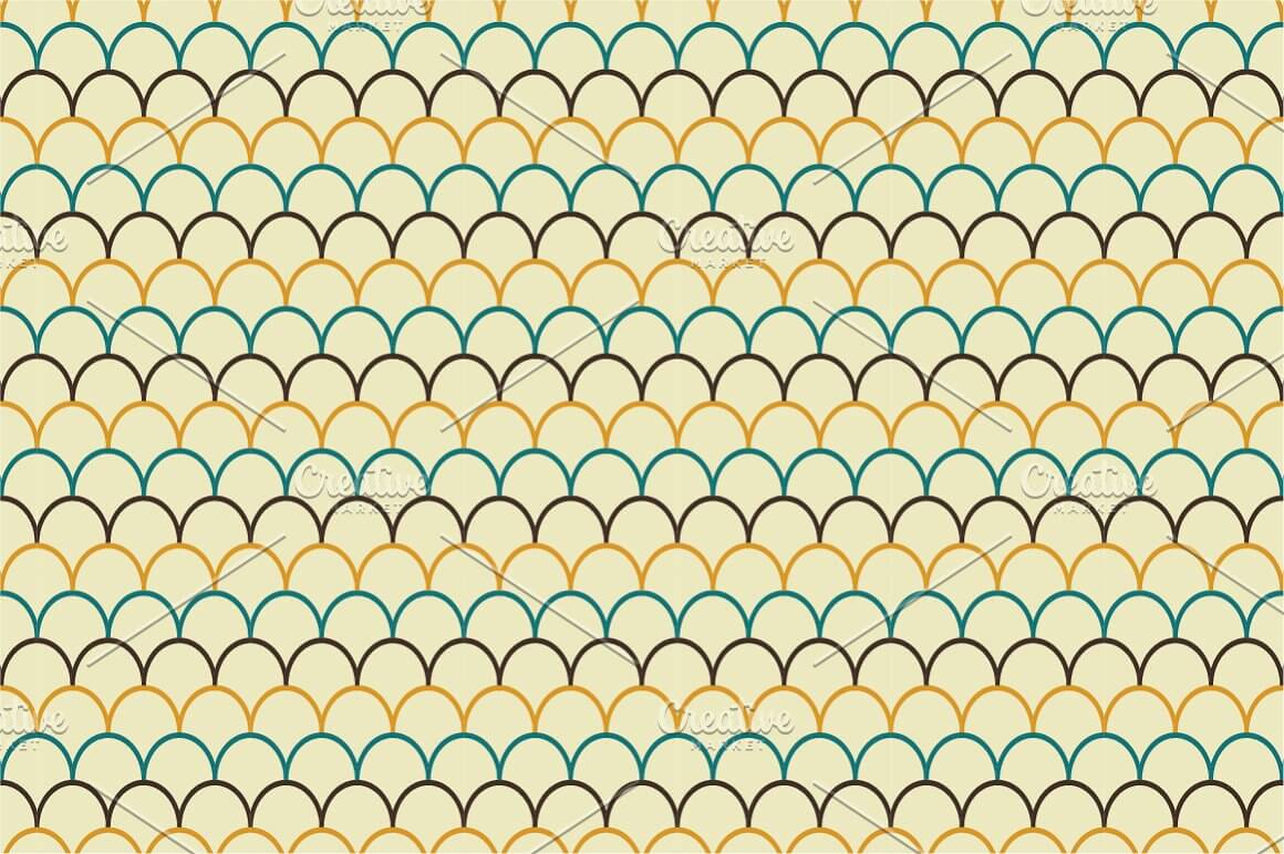 Pattern with lines in the form of yellow, blue, purple scales on a beige background.