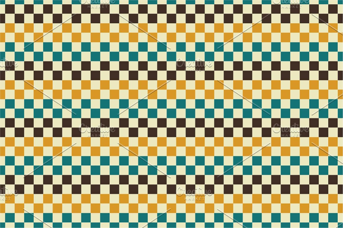 Pattern with squares in a checkerboard in yellow, blue, purple on a beige background.