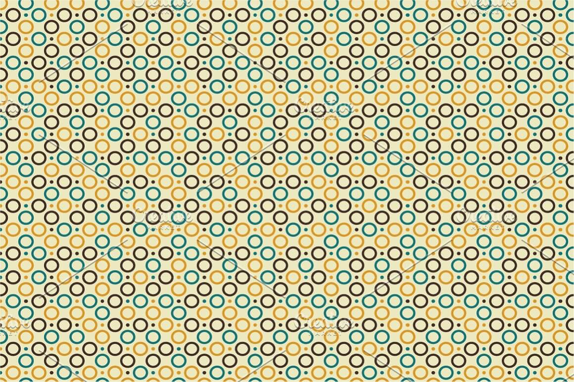 Pattern with small circles and dots in yellow, blue, purple on a beige background.