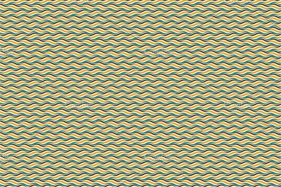 Pattern with wavy lines of yellow, blue, purple on a beige background.
