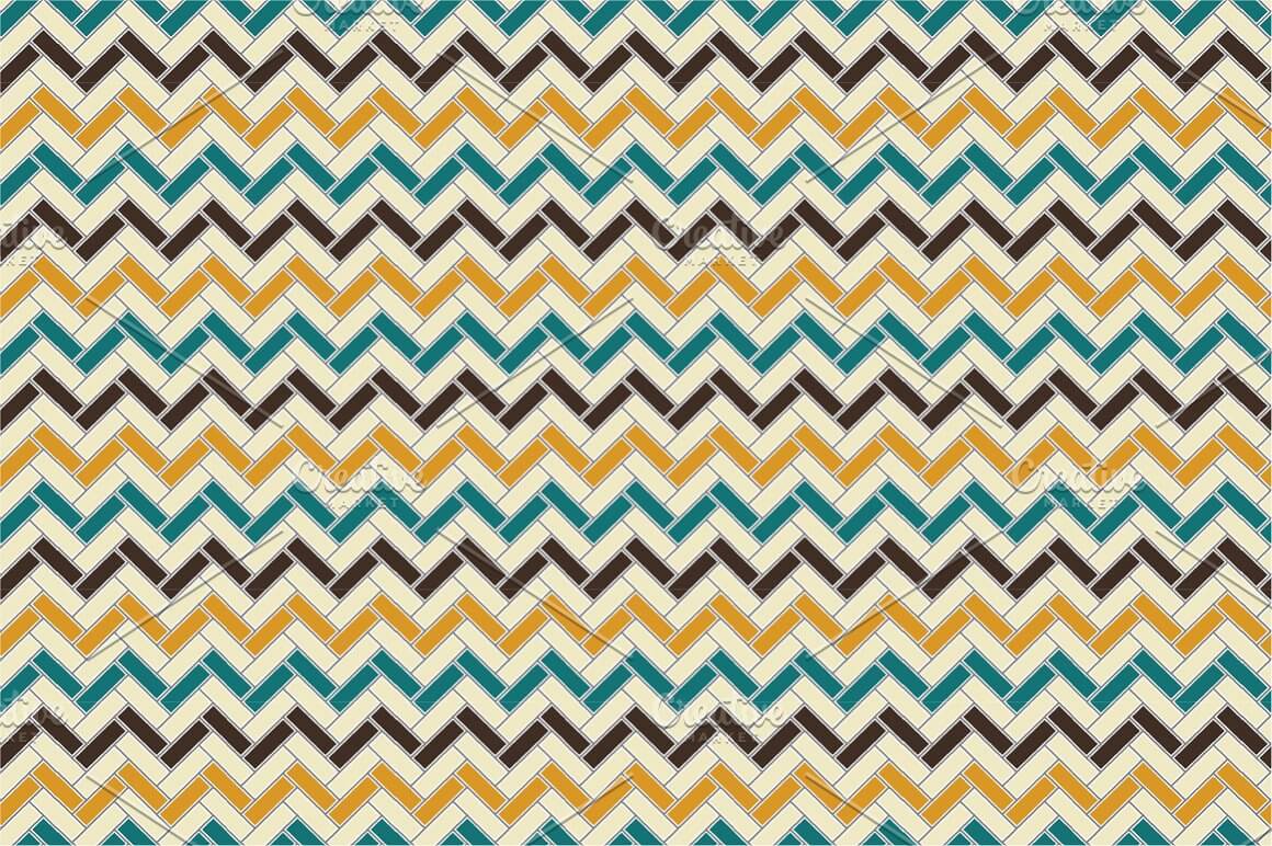 Pattern with zigzag lines of yellow, blue, purple and beige, alternating with each other.