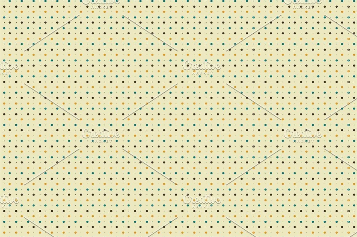 Pattern with dots of yellow, blue, purple on a beige background.
