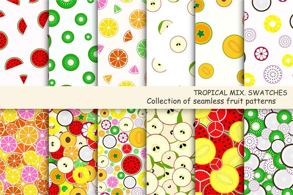Collection of seamless fruit patterns swatches facebook image.