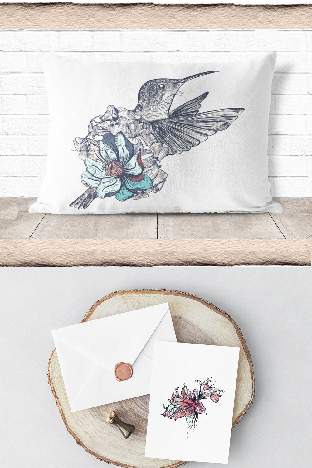Pillow with collection of hummingbirds.