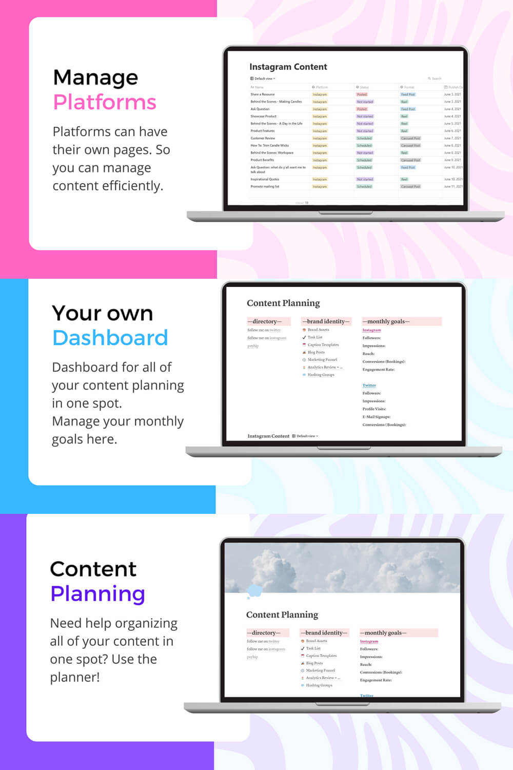Post Planning Notion Template consist of manage platforms, own dashboard, content planning.
