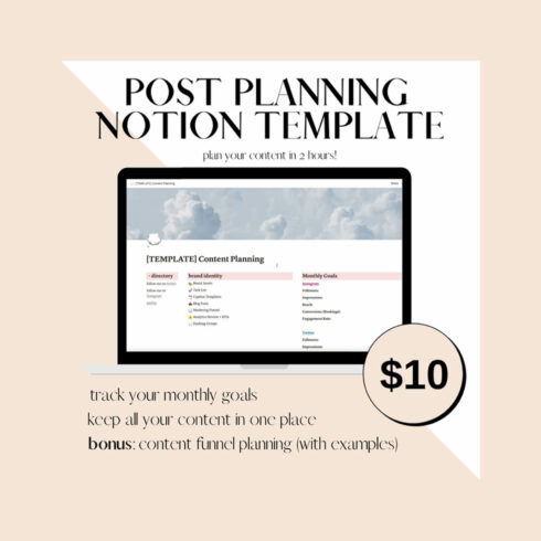 Preview Post Planning Notion Template: directory, brand identify and monthly goals on the tablet.