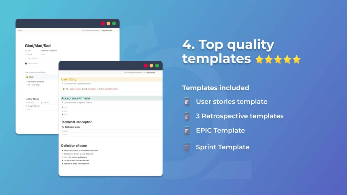 Top quality templates included user stories template, 3 retrospective templates, EPIC Template, Sprint Template.
