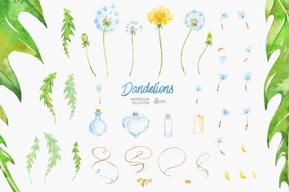 Wonderful print with dandelions in ugly states on a white background.