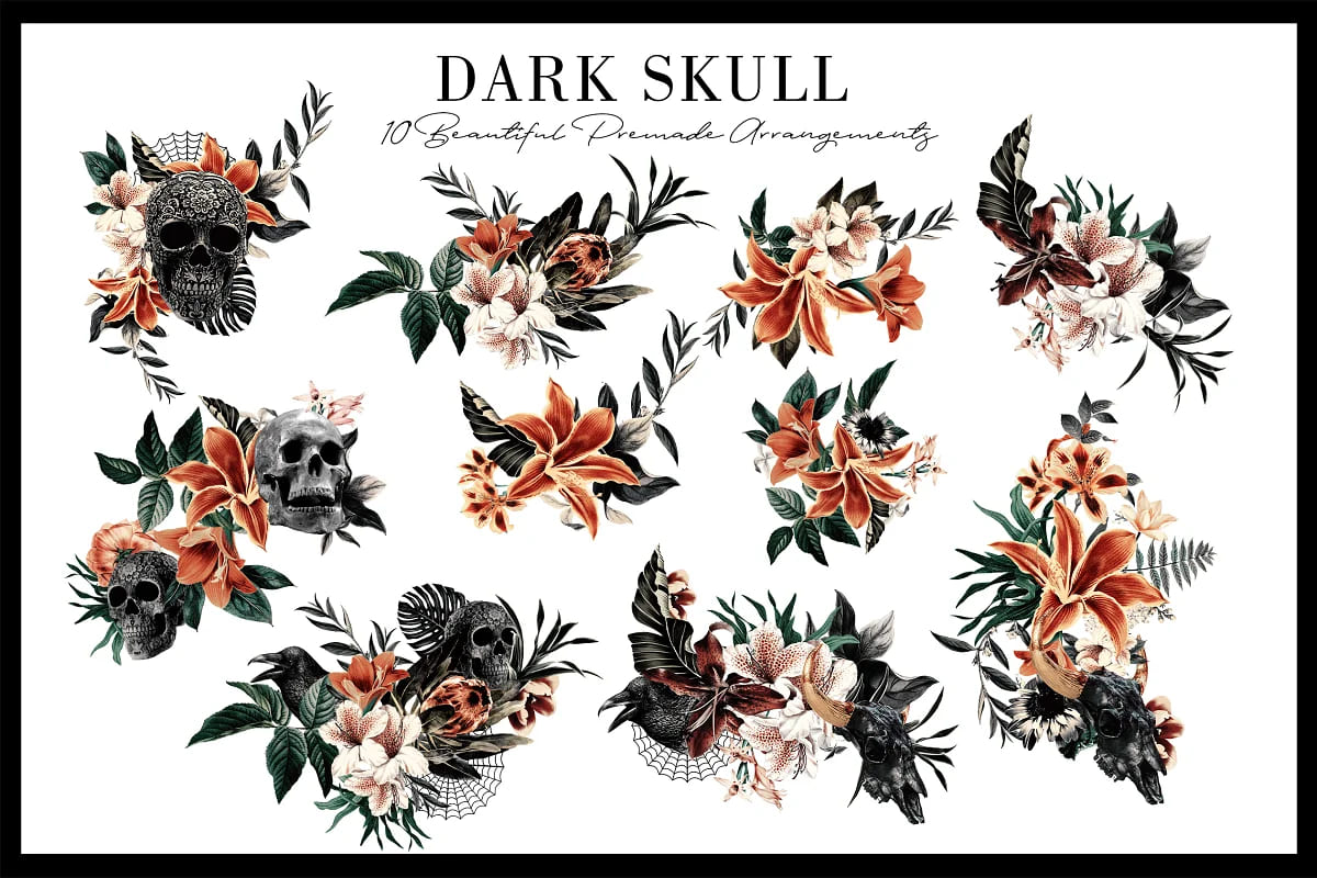dark skull floral bouquets elements.