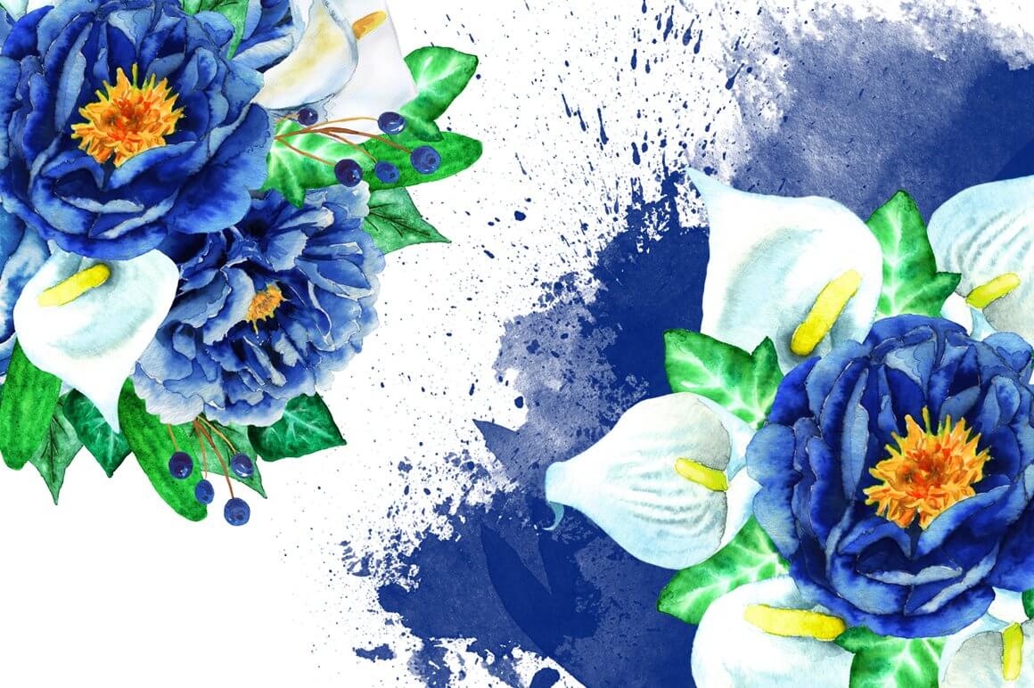 The combination of white and blue flowers in one composition.