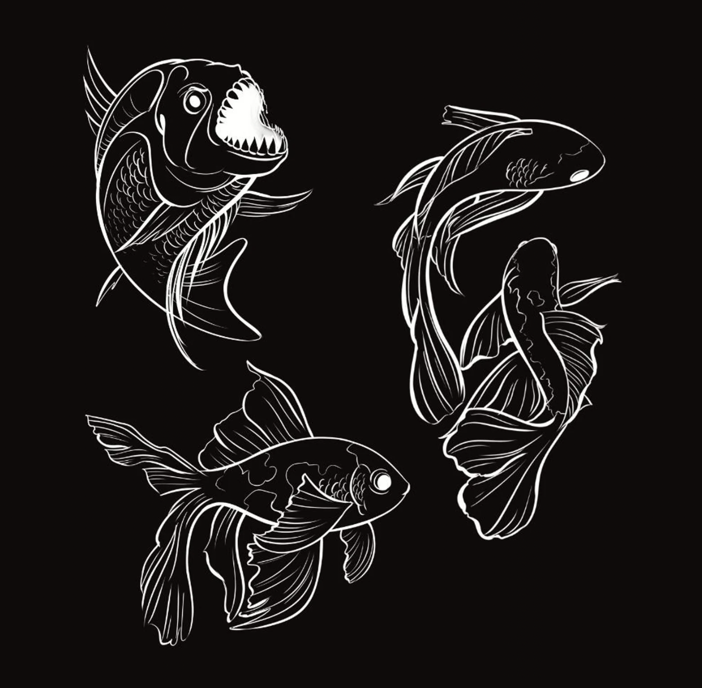 detailed fish line art clipart black and white2