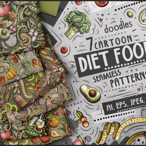 Diet Food Cartoon Seamless Patterns Preview 1.
