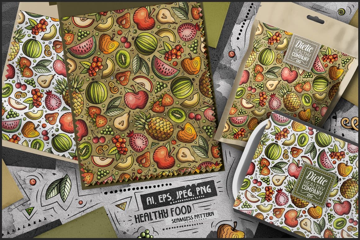 Diet Food Cartoon Seamless Patterns Preview 9.