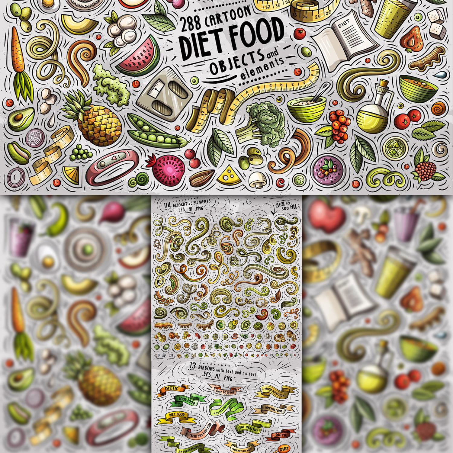 Diet Food Cartoon Vector Objects Set 1500 1500 2.