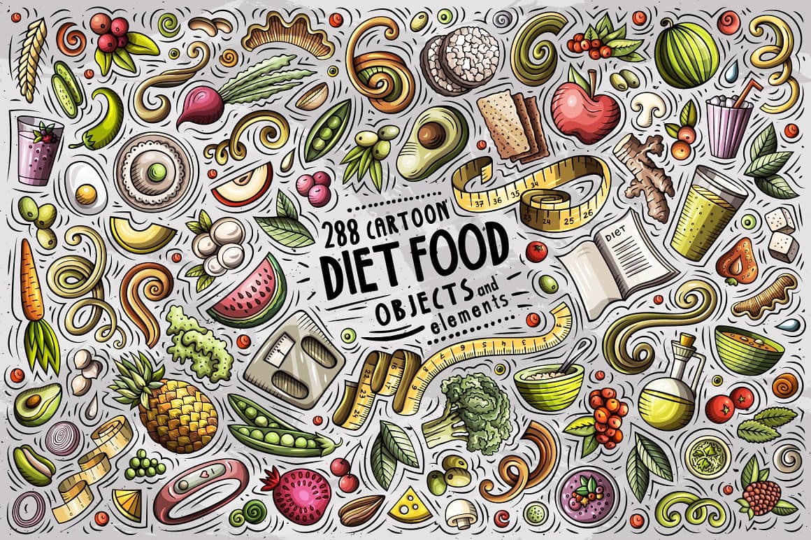 Diet Food Cartoon Vector Objects Set Preview 1.