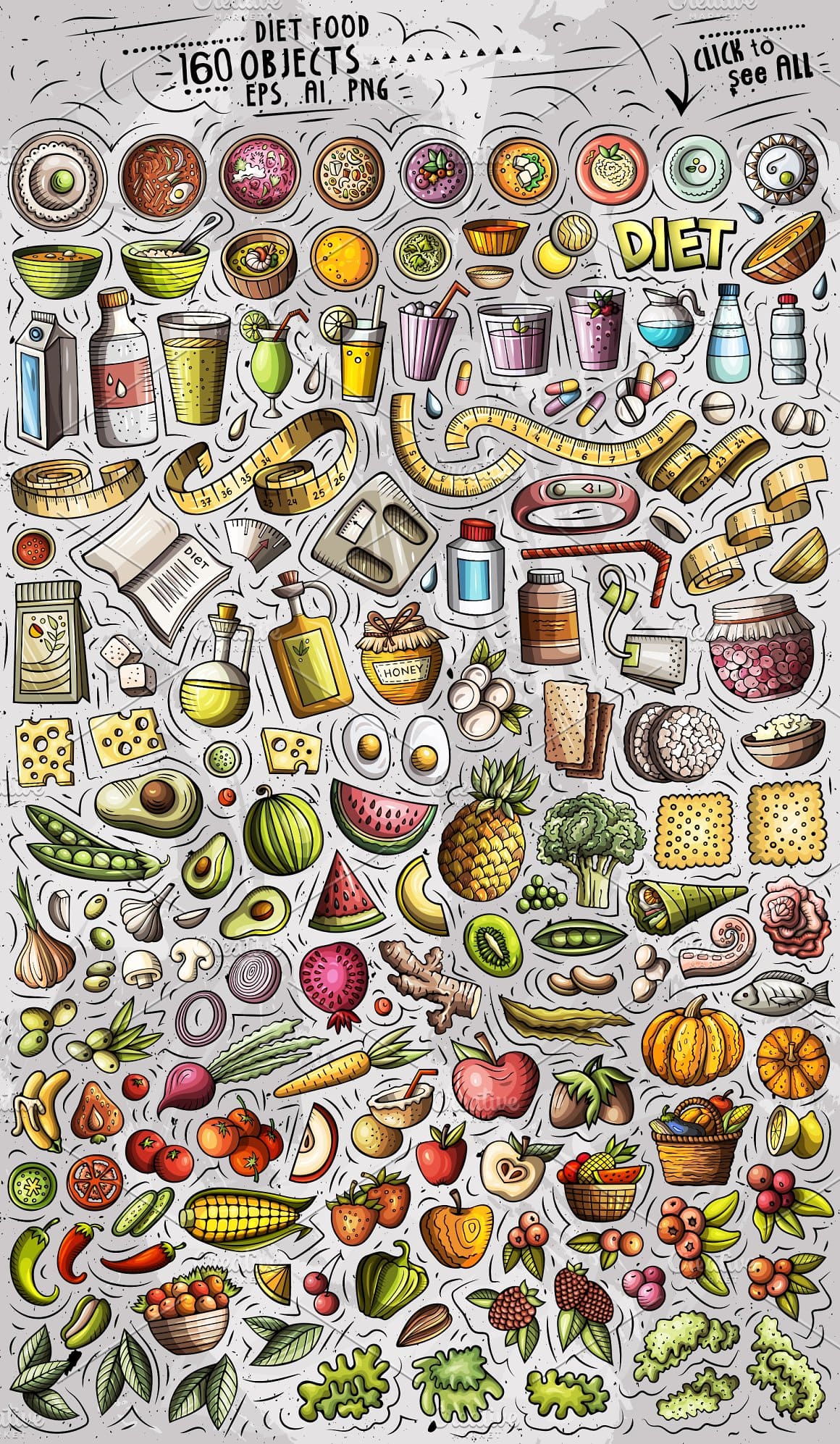 Diet Food Cartoon Vector Objects Set Preview 2.
