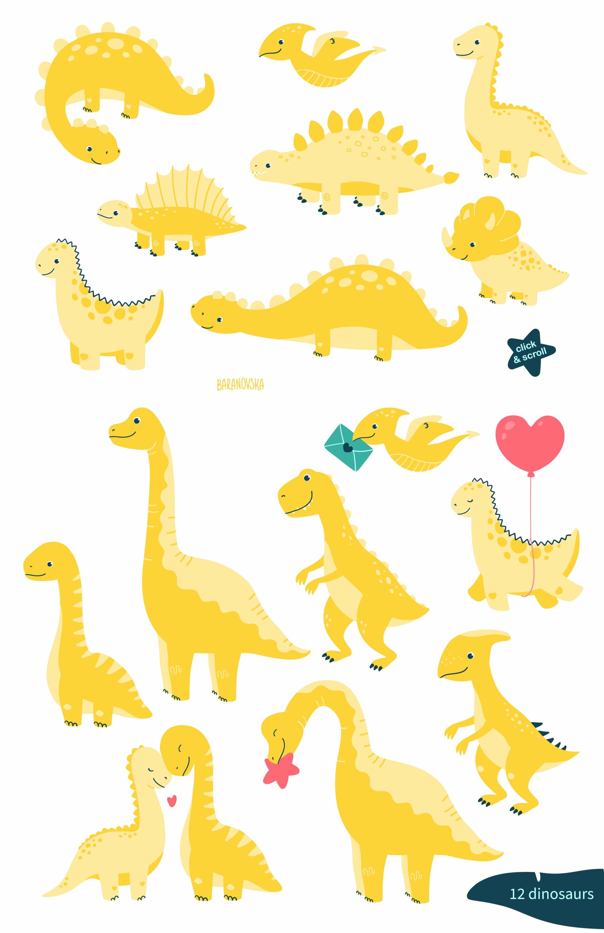 dino love clipart elements.