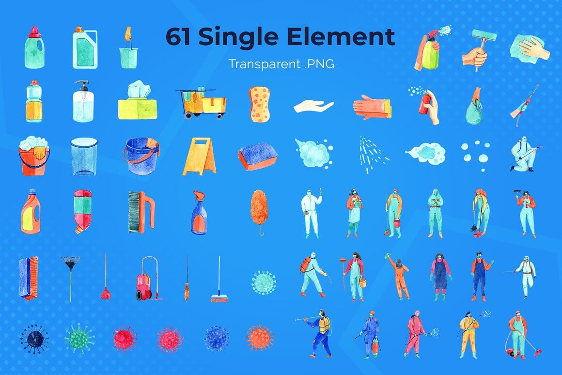 61 single elements of disinfectants and people in disinfectant suits.