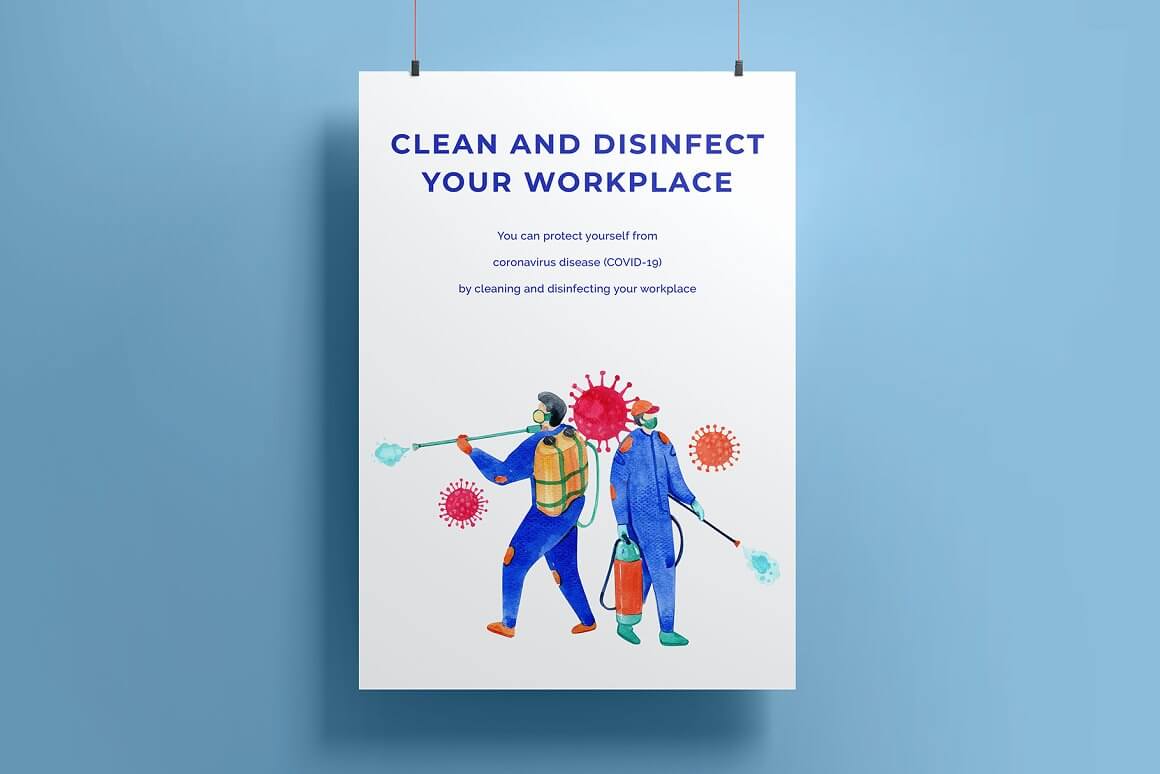 A white sheet of paper with the words "Clean and Disinfect your Workplace" and a picture of two people with disinfectants.