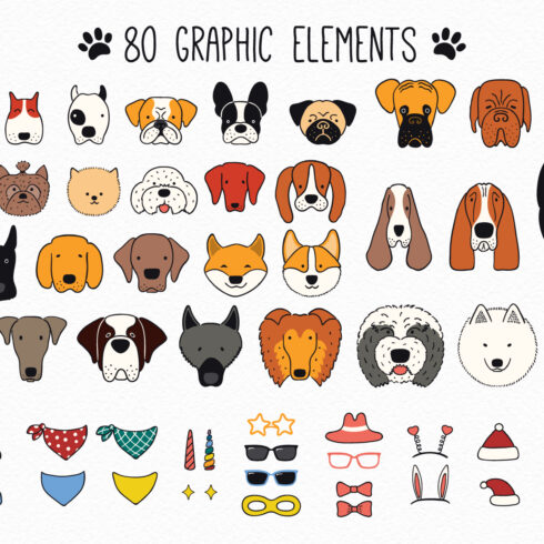 Many heads of different breeds of dogs.