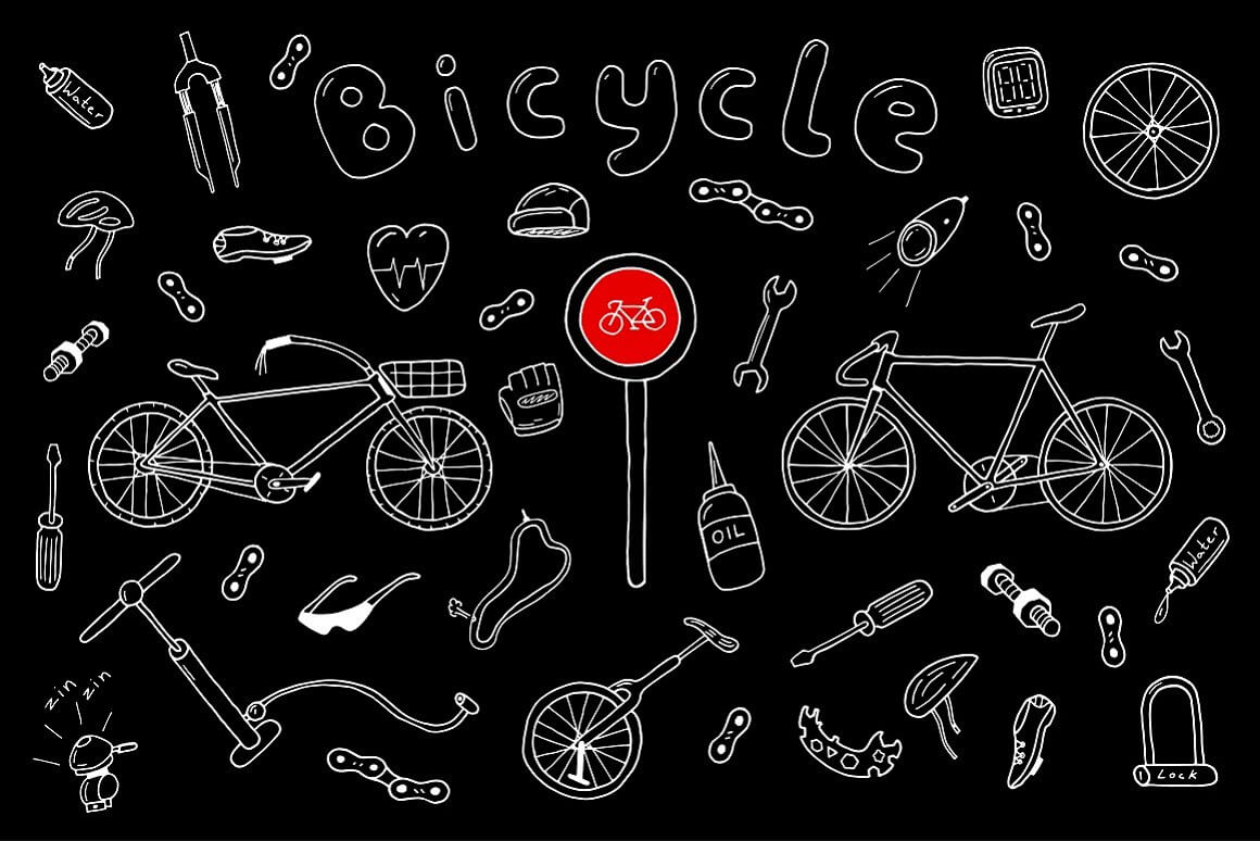 Chaotic image of bicycles and their components on a black background.