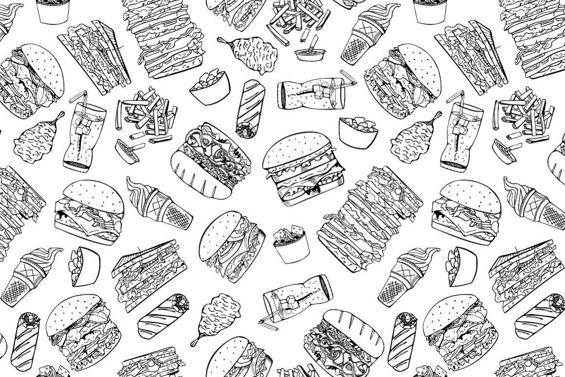 The drawn outline of fast food on a white background.
