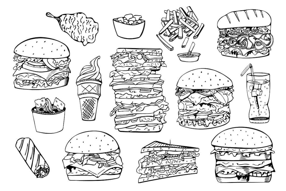 Fast food in black and white on a white background.
