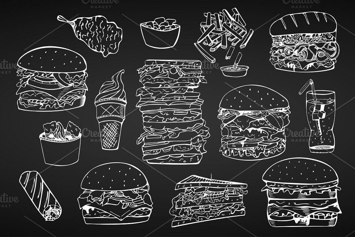 Ice cream, hamburgers, Coca-Cola drawn in chalk on a black background.