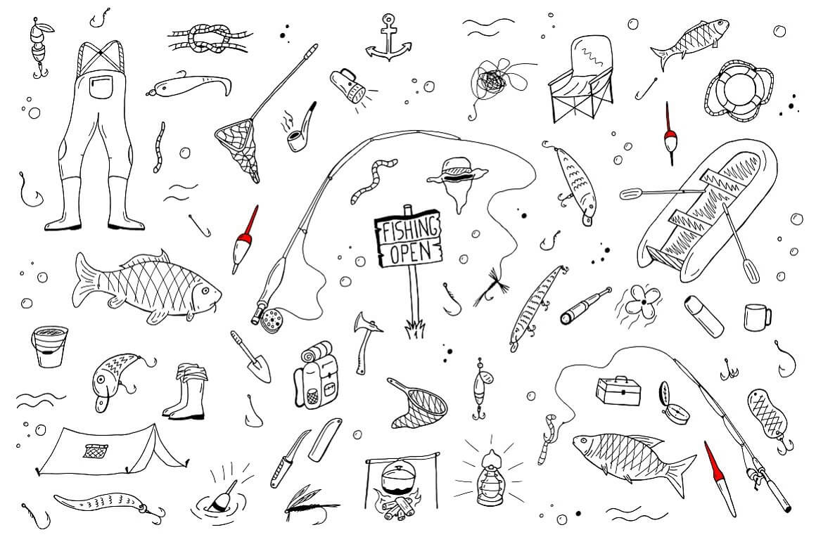 Everything you need for fishing, drawn in black and white.