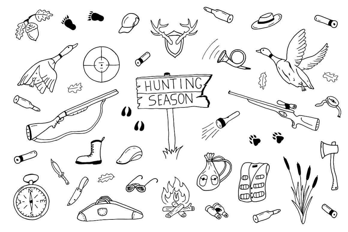 Everything you need for the hunting season: boots, compass, gun, fire and more.