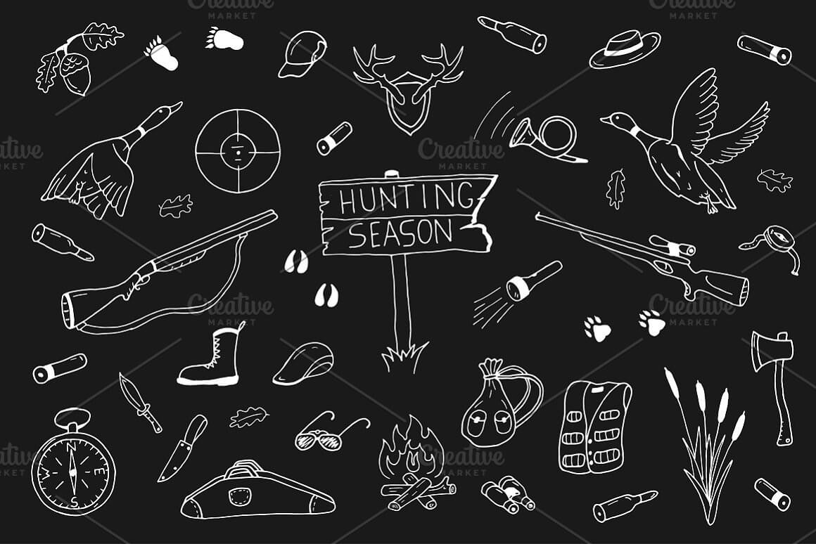 Everything that is needed for the hunting season is drawn on a black background: a gun, wild ducks, traces of wild animals.