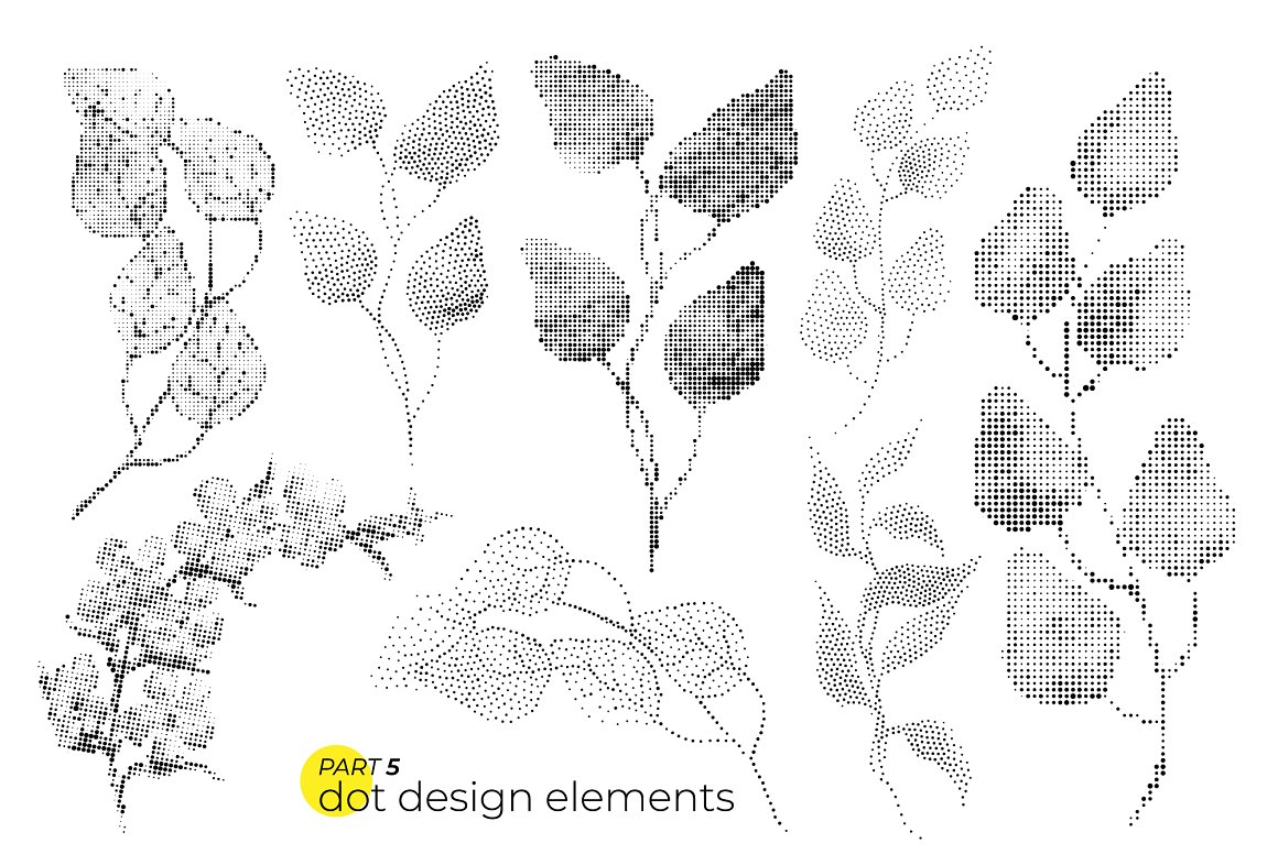 Many different drawings with black and white leaves.