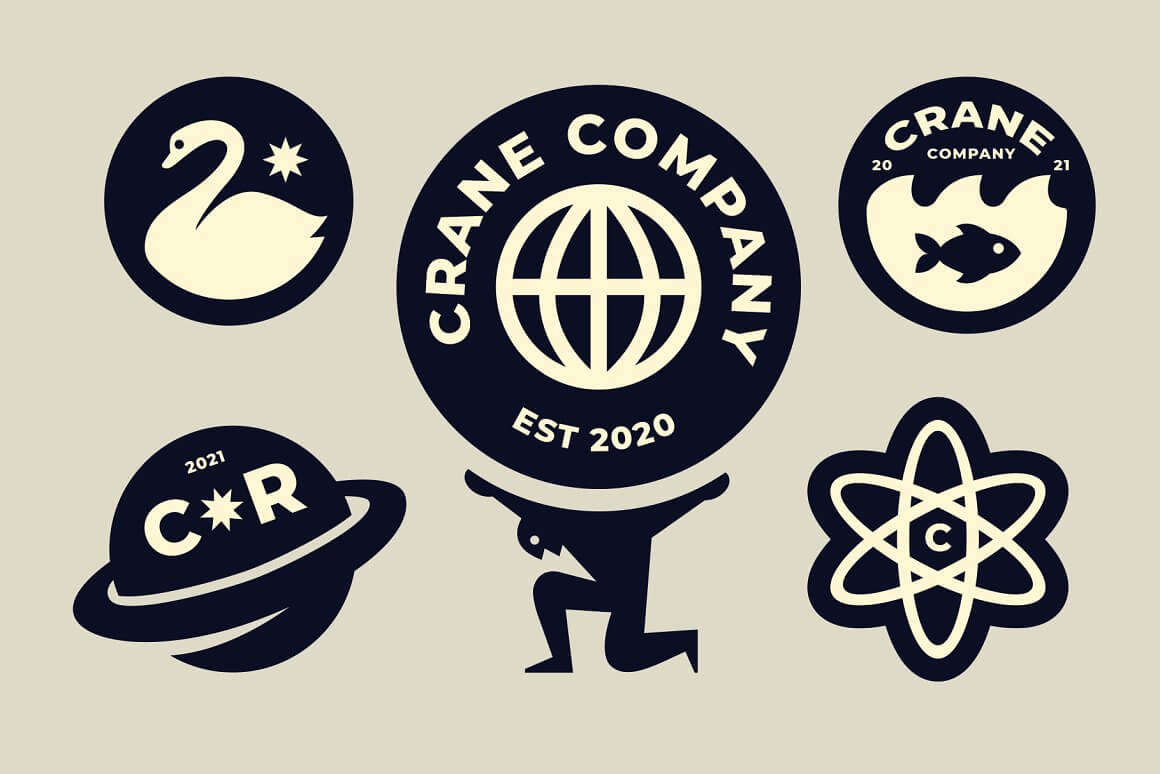 The badges feature logos of the crane company, images of a swan, a fish, a planet, and more.