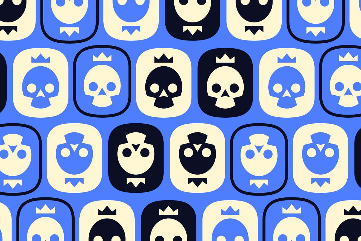 Painted skulls with a crown on the badges, white skulls on a transparent background, black skulls on a white background and transparent skulls on a white background.