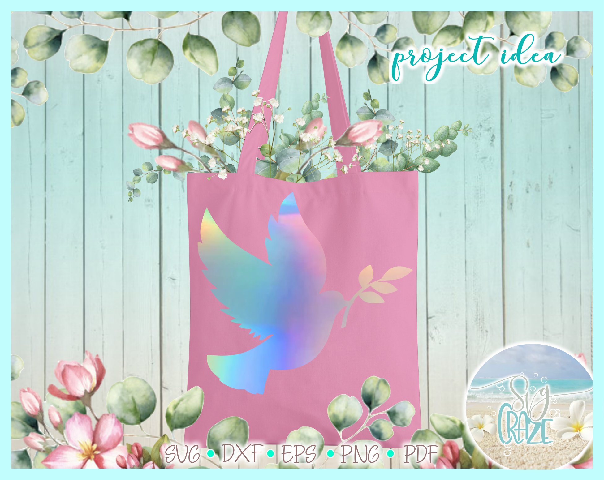 Blue dove print on pink bag.