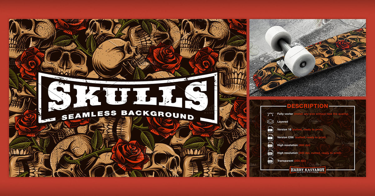 Skulls and Roses Seamless Background facebook image.
